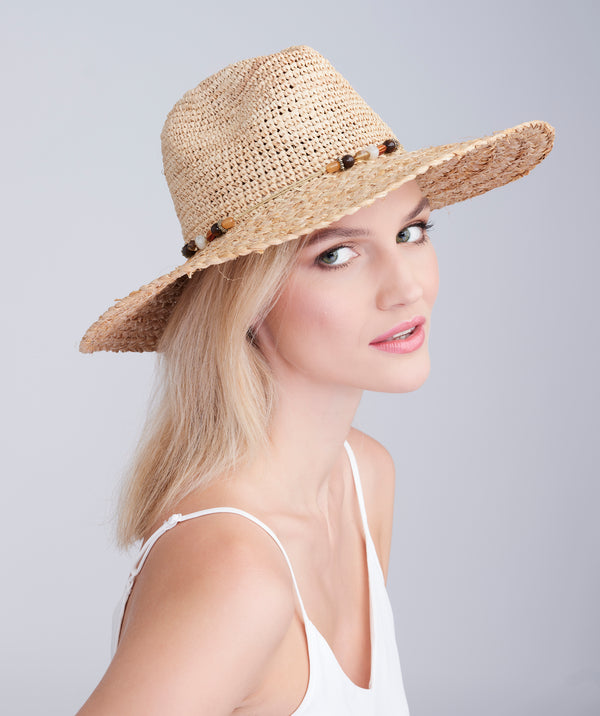 Hilton - Natuurlijk getextureerde stro fedora hoed met kralenafwerking