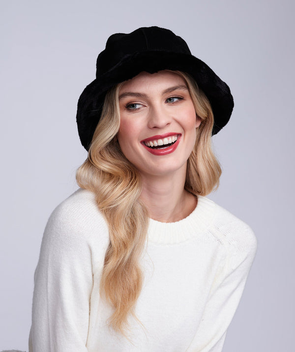Isabella - Black Reversible Faux Suede Bucket Hat