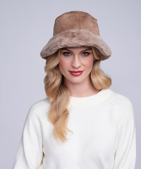 Isabella - Taupe Reversible Faux Suede Bucket Hat