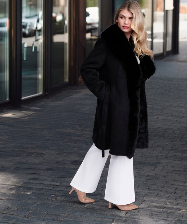 Isabella - Black Faux Suede Longline Coat with Faux Fur Trim