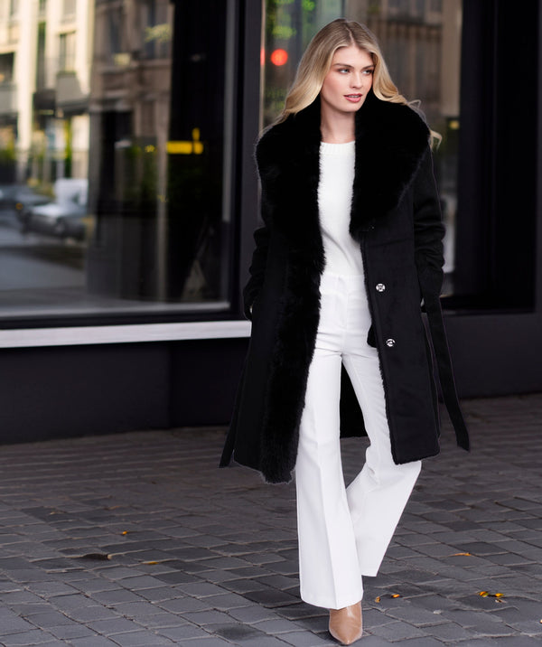 Isabella - Black Faux Suede Longline Coat with Faux Fur Trim