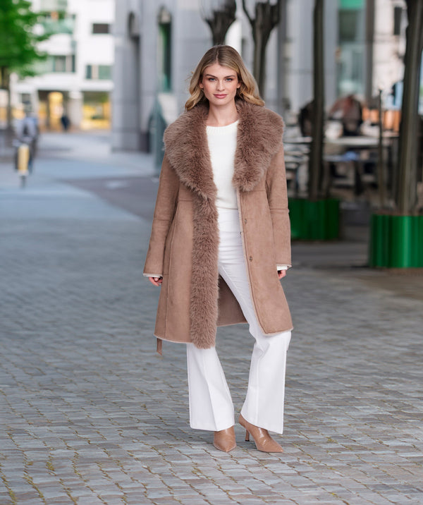Isabella - Taupe Faux Suede Longline Coat with Faux Fur Trim