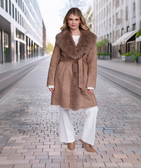 Isabella - Taupe Faux Suede Longline Coat with Faux Fur Trim