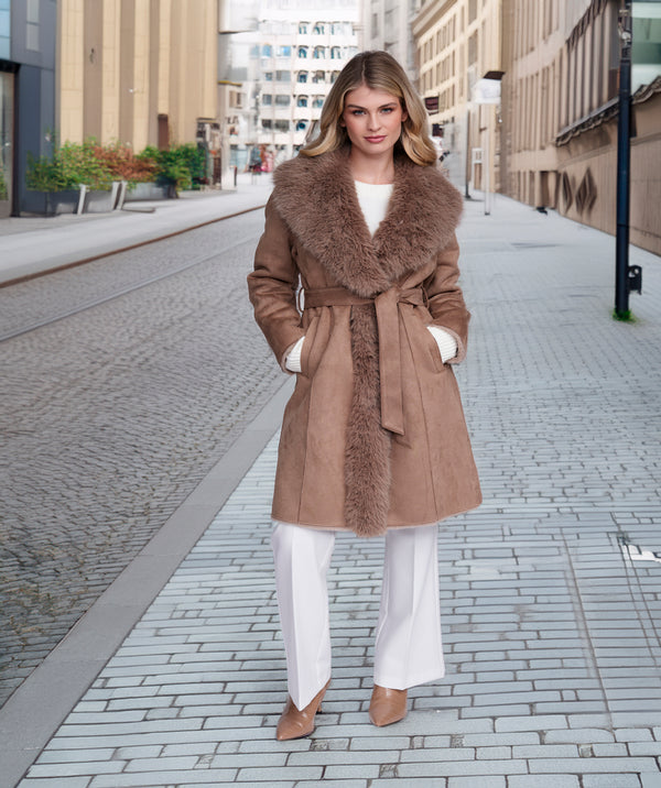 Isabella - Taupe Faux Suede Longline Coat with Faux Fur Trim