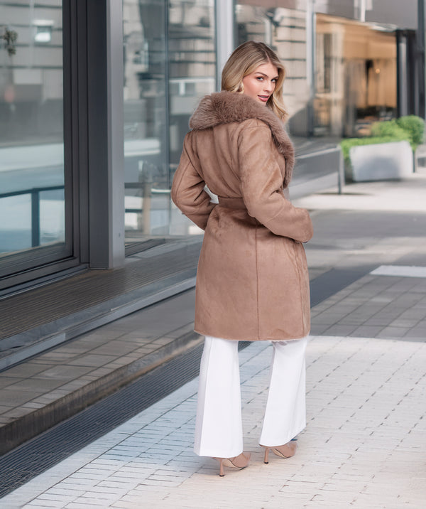 Isabella - Taupe Faux Suede Longline Coat with Faux Fur Trim