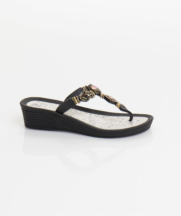 Black Jewelled Pool Sandal with Wedge Heel and Waterproof Sole