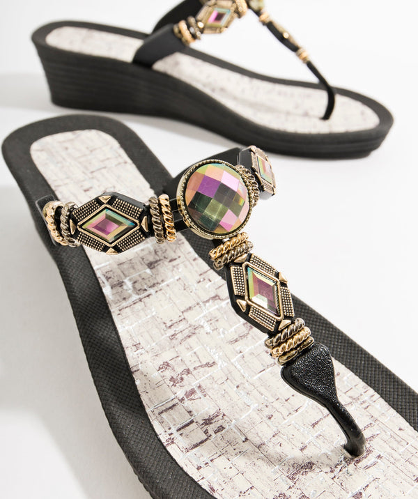 Black Jewelled Pool Sandal with Wedge Heel and Waterproof Sole