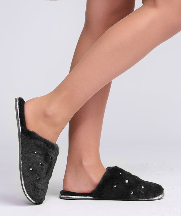 Jasmin - Black Faux Fur Slippers with Pearl Embellishment