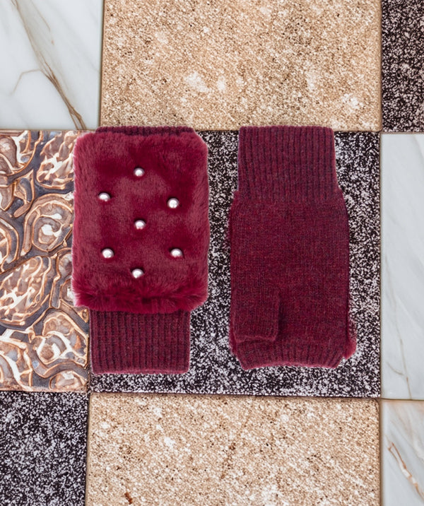 Jasmin - Burgundy Fingerless Pearl Embellished Glove