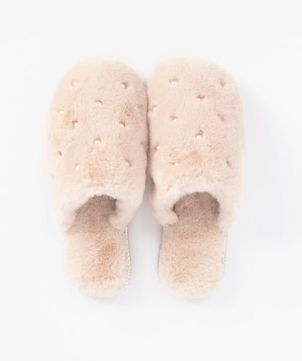 Honey Faux Fur Slippers with Pearl Embellishment