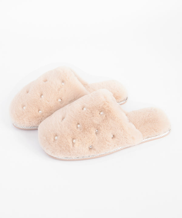 Honey Faux Fur Slippers with Pearl Embellishment