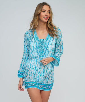 Blue Oceanic Print Tunic with Embellished Neckline and Wide Sleeves