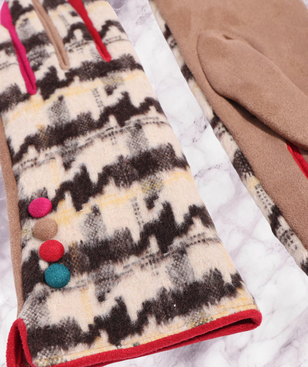 Jude - Beige Faux Suede Houndstooth Gloves