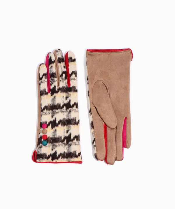 Black Beige Faux Suede Houndstooth Gloves with Red Contrast Trim