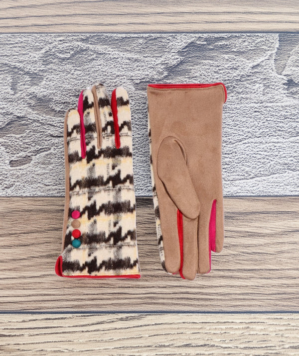 Jude - Beige Faux Suede Houndstooth Gloves