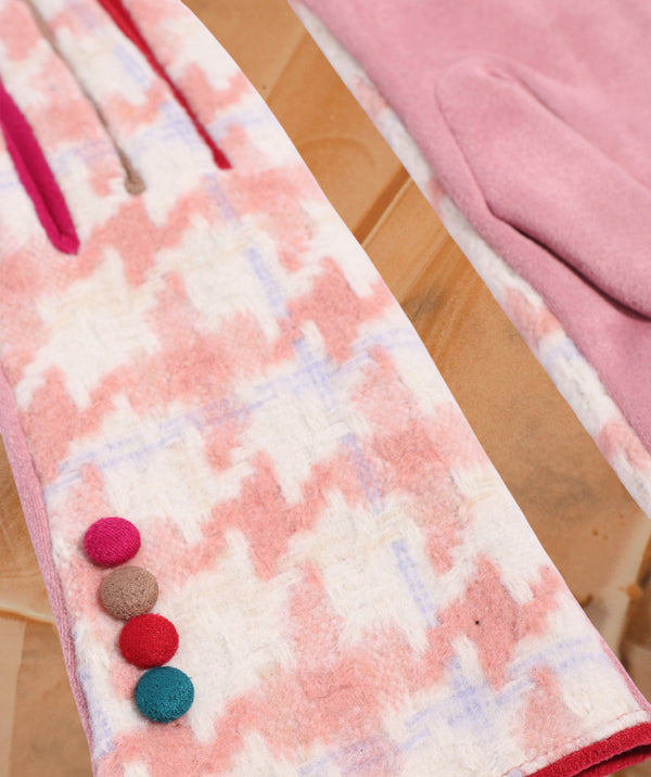 Jude - Pink Faux Suede Houndstooth Gloves