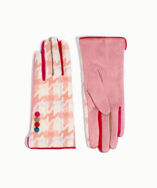 Pink Faux Suede Houndstooth Gloves with Red Contrast Trim