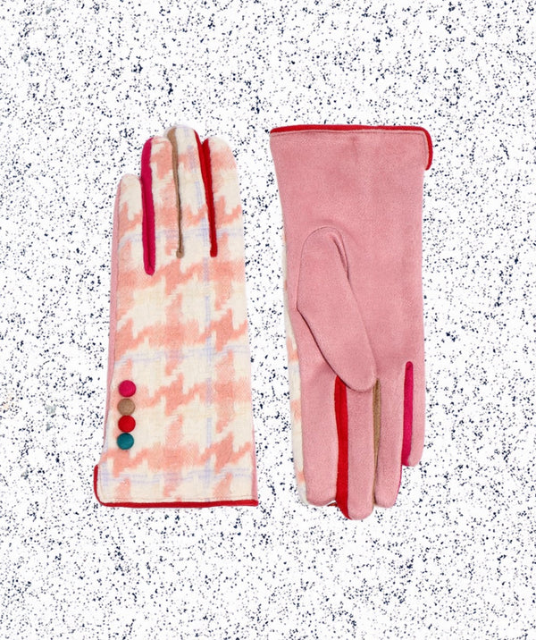 Jude - Pink Faux Suede Houndstooth Gloves
