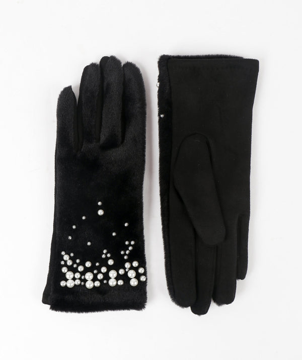Black Faux Suede Gloves with Pearl Embellishments and Faux Fur