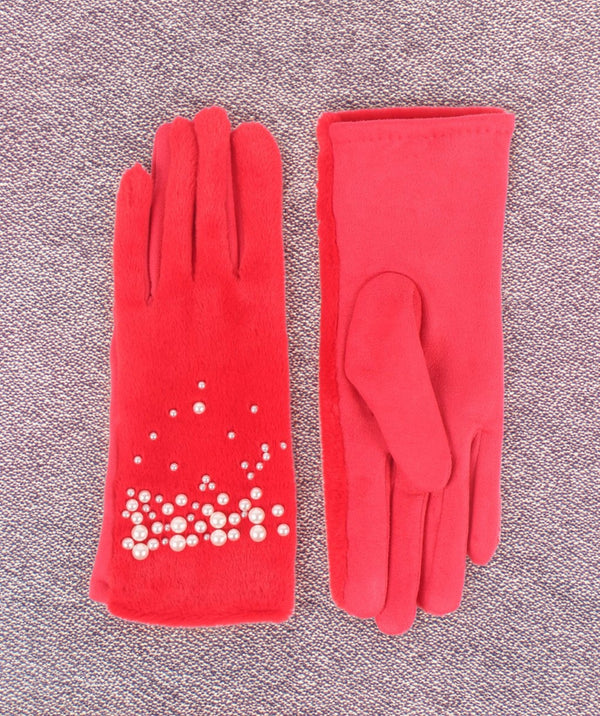 Juliette - Red Pearl Embellished Faux Suede Gloves
