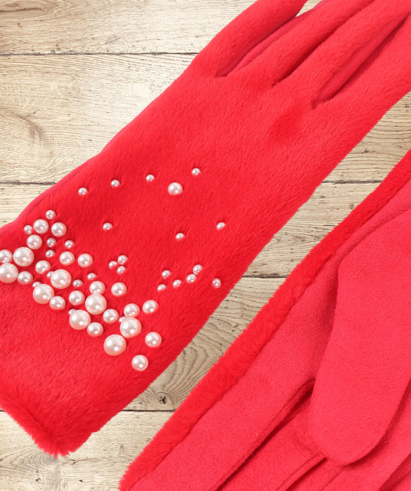 Juliette - Red Pearl Embellished Faux Suede Gloves