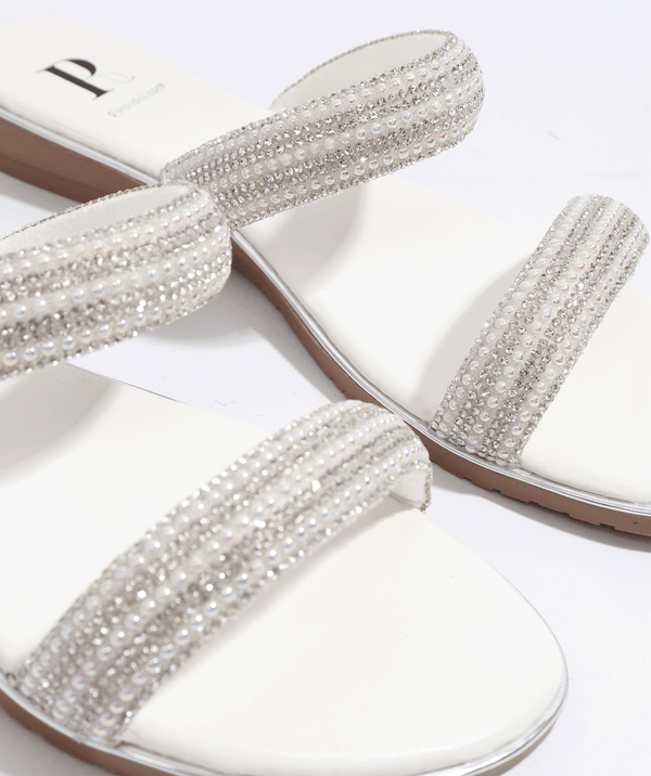 Silver Embellished Slip-On Sandals with Wedged Heel