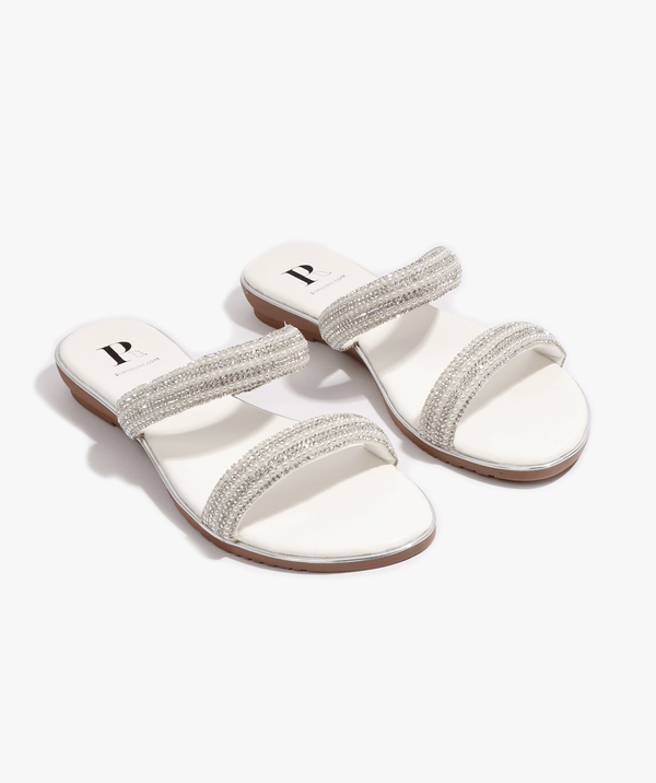 Silver Embellished Slip-On Sandals with Wedged Heel