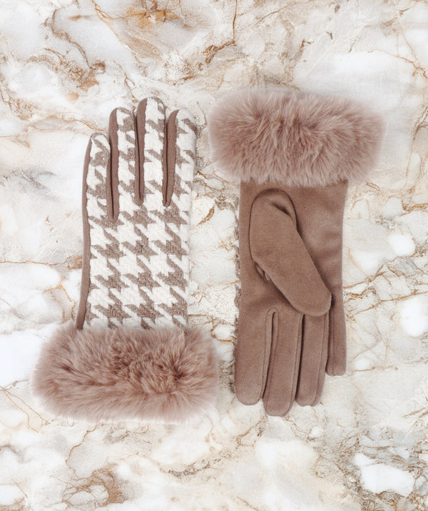 Kandi - Beige Faux Suede Houndstooth Gloves with Faux Fur Cuffs
