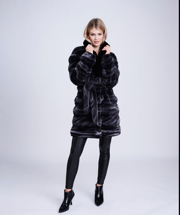 Black/Silver Grey Ombre Eco Faux Fur Coat