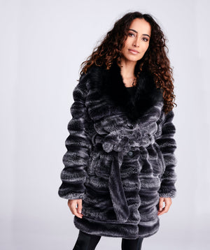 Black Ombre 3/4 Length Plush Faux Fur Coat