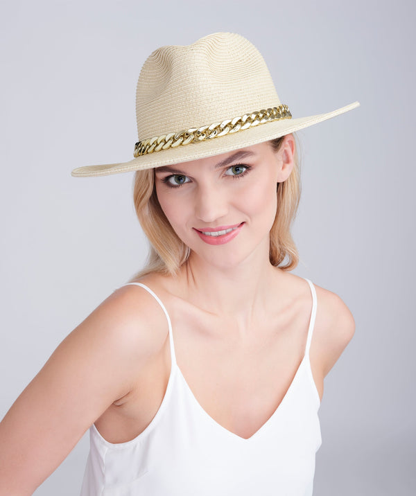 Natuurlijk papieren stro fedora hoed met gouden metalen ketting verfraaiing