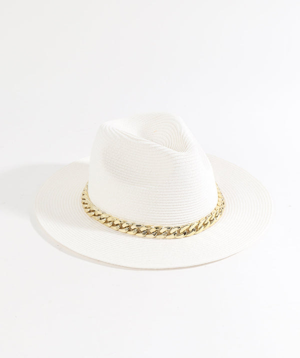White Paper Straw Fedora with Gold Metal Chain Embellishment