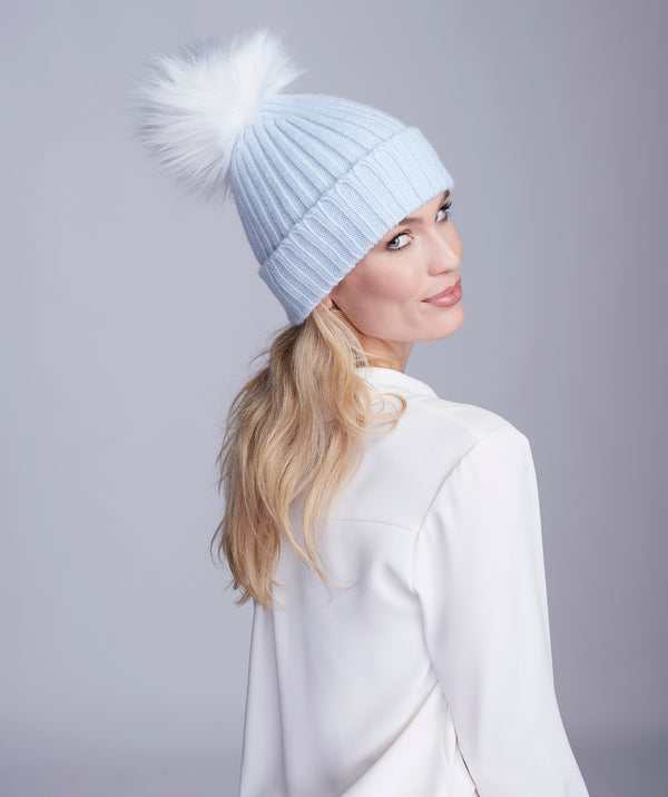 Blue Rib Knit Hat with Oversize Pom Pom