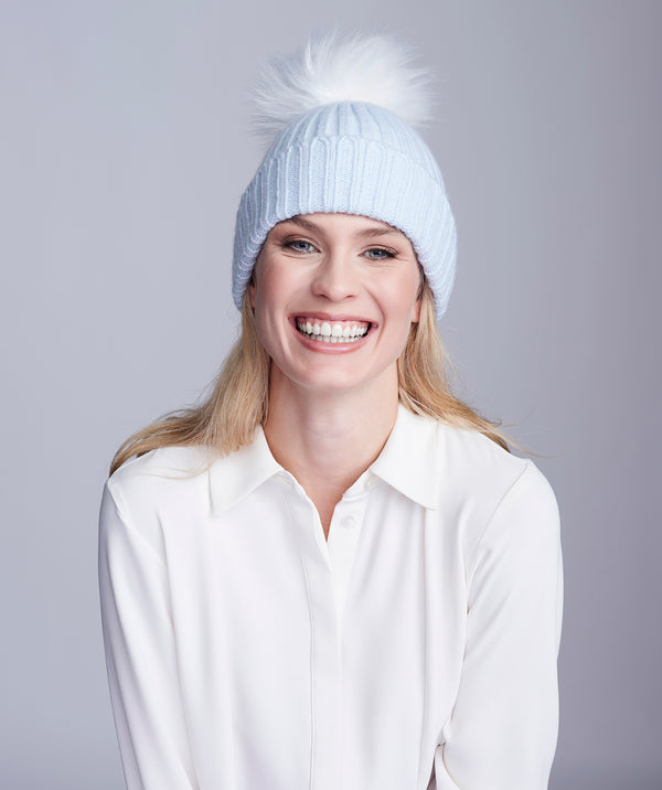 Blue Rib Knit Hat with Oversize Pom Pom