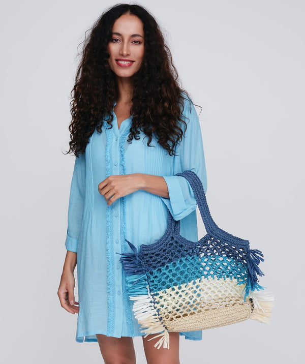 Blauwe gestreepte tas met Twin Top handgrepen