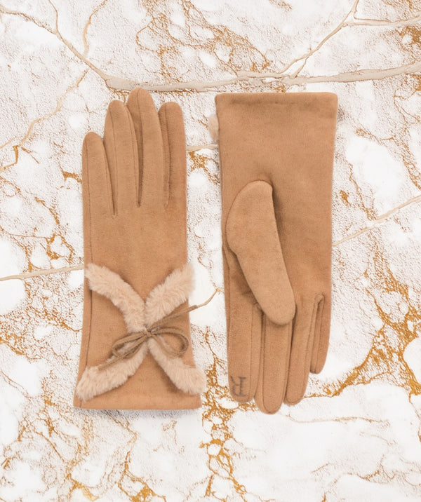Kora - Camel Faux Suede Gloves with Faux Fur Detailing