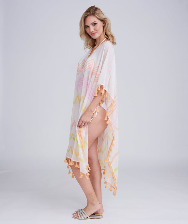 Kyana - Pink Zig-Zag Print Maxi Coverup with Tassel Trim