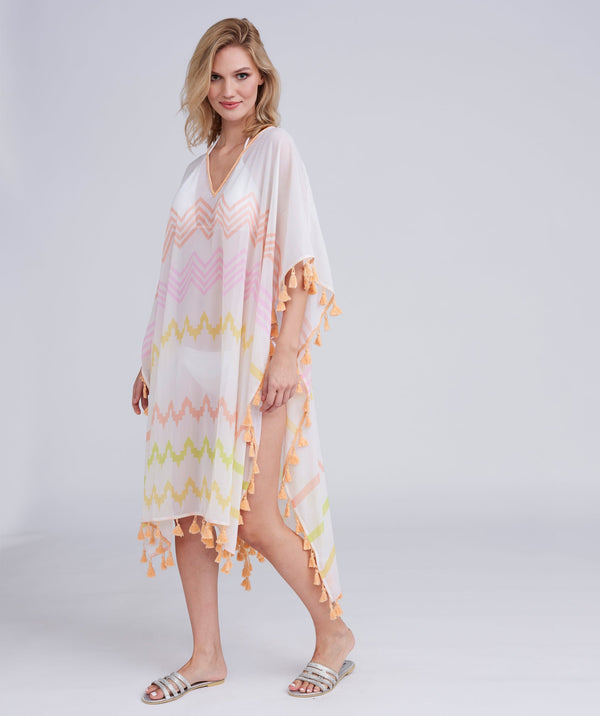 Kyana - Pink Zig-Zag Print Maxi Coverup with Tassel Trim