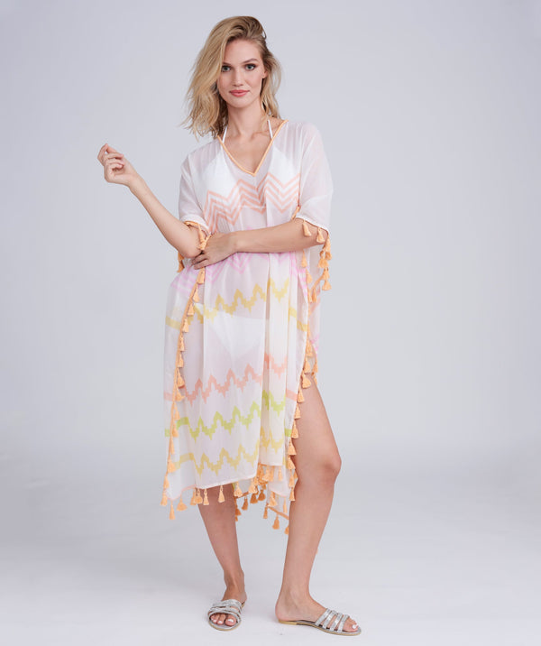 Kyana - Pink Zig-Zag Print Maxi Coverup with Tassel Trim