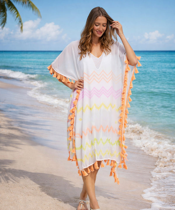 Kyana - Pink Zick -Zack Print Maxi Coverup mit Quastenverkleidung