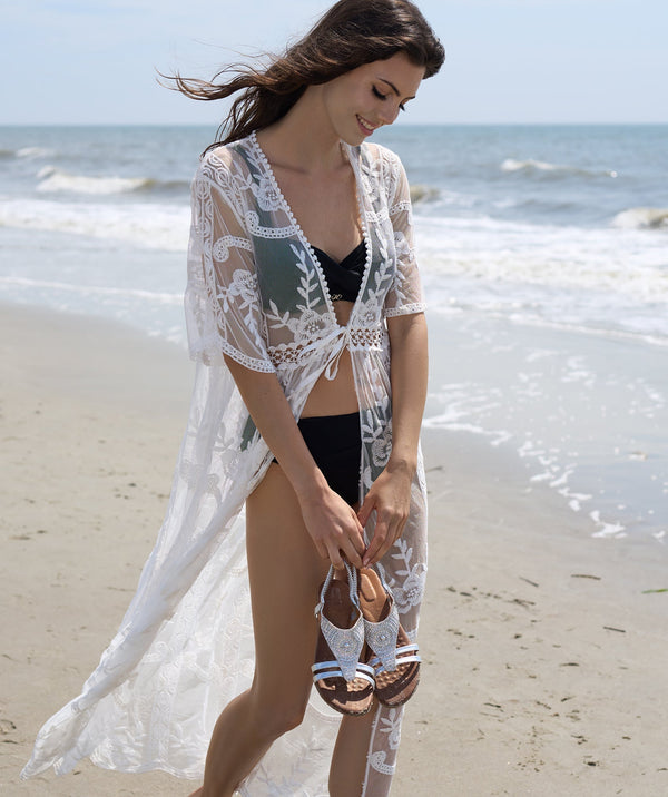 White Lace Beach Kimono with Eyelet Trims and Tie Closure