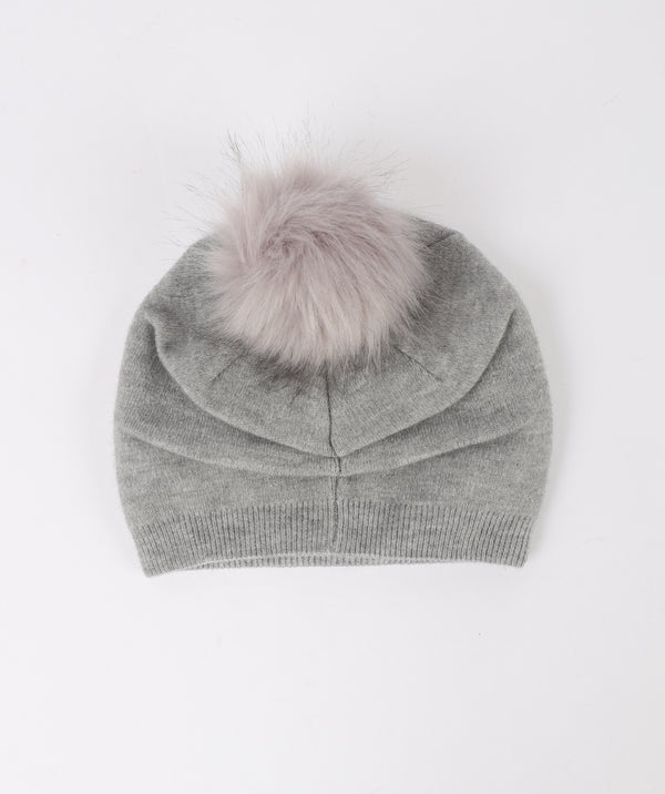 Laurie - Grey Beanie Hat with a Detachable Faux Fur Pom Pom