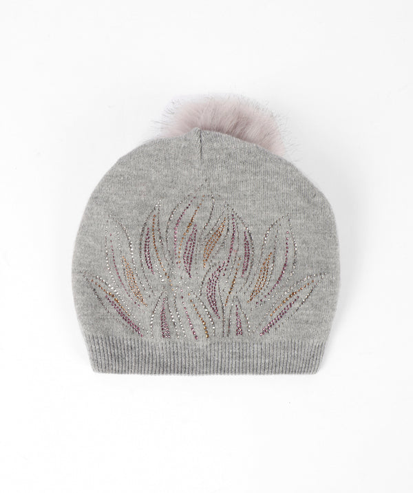 Laurie - Grey Beanie Hat with a Detachable Faux Fur Pom Pom