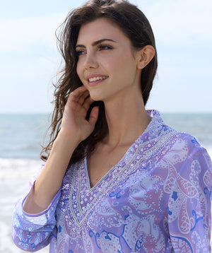 Blue Printed Chiffon Beach Tunic Cover Up