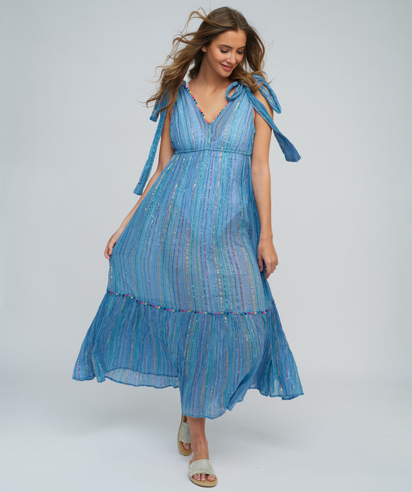 Blue Rainbow Striped Maxi Dress with Pom Pom Trimming