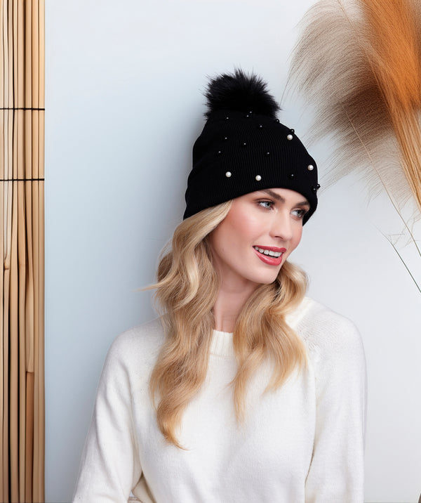 Lovato - Hombo de gorro de punto con adornos negros de perlas