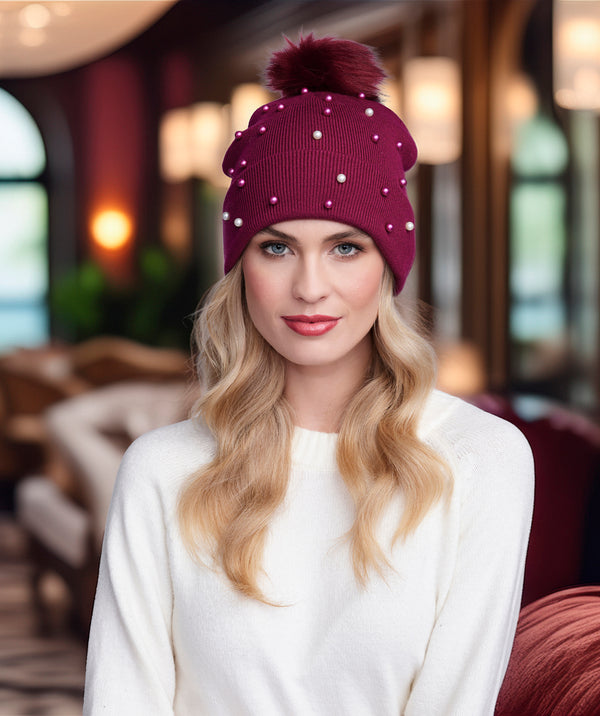 Lovato - Borgoña Pearl adornado con sombrero de gorro de punto