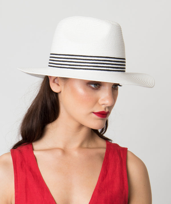 White Fedora Hat with Black Stripes