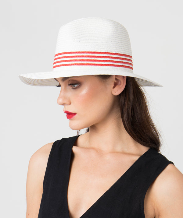 White Fedora Hat with Red Stripes