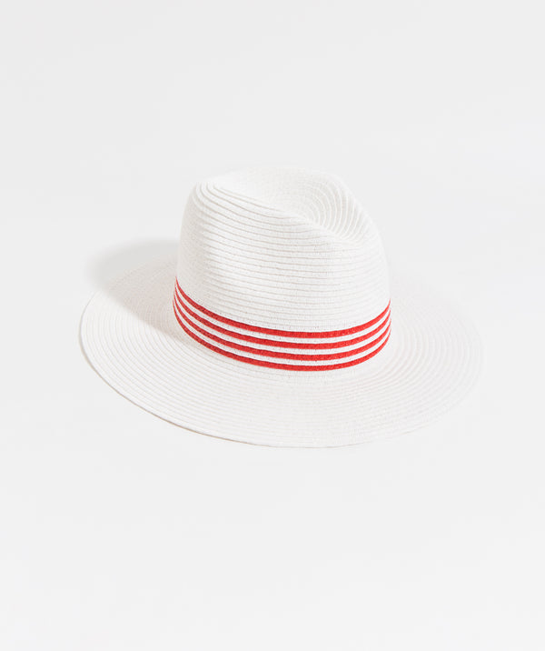 White Fedora Hat with Red Stripes